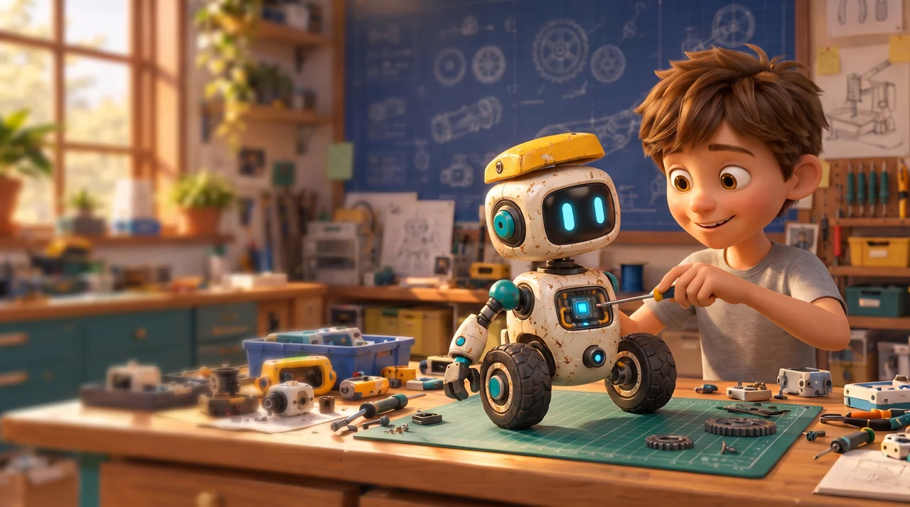 A boy in a sunny workshop tightens a screw on Rafiq, who sits on a cutting mat surrounded by parts and blueprints