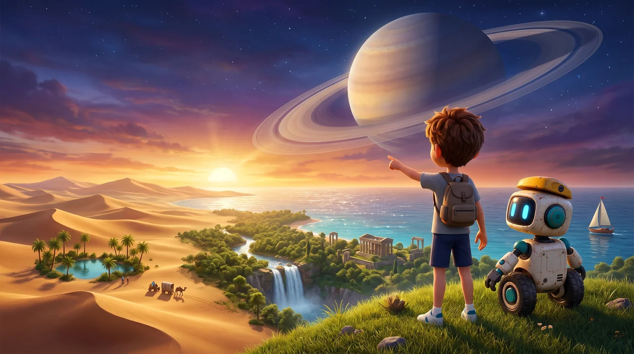 A boy with a backpack and Rafiq stand on a hilltop, pointing at a ringed planet above a desert, forest, waterfall and sea