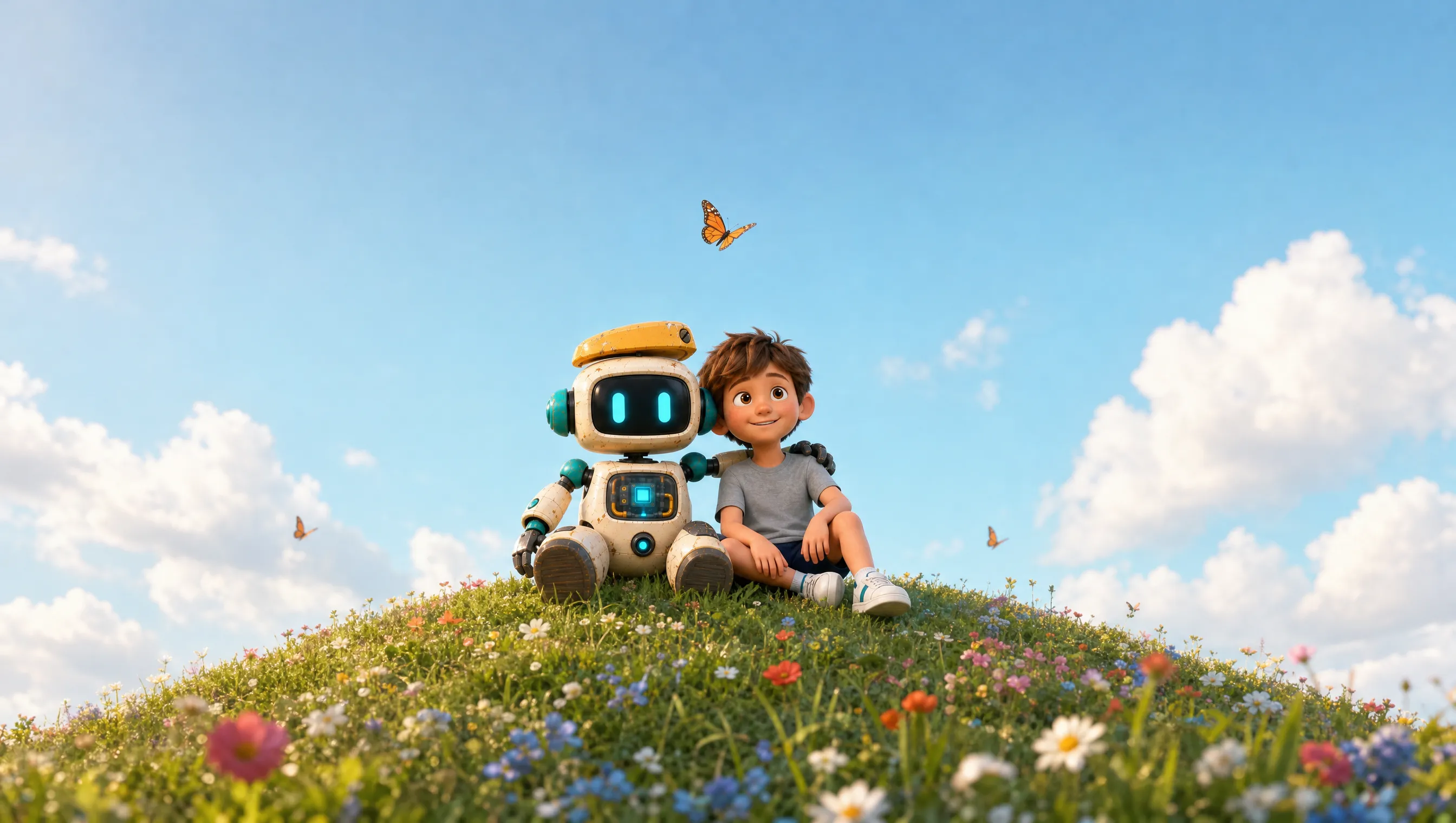 A boy and Rafiq sitting together on a hill of flowers under a blue sky